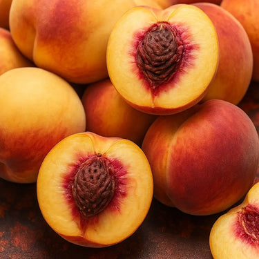 Close-up of Bonita peaches from Paradise Nursery with one cut open to reveal the interior.